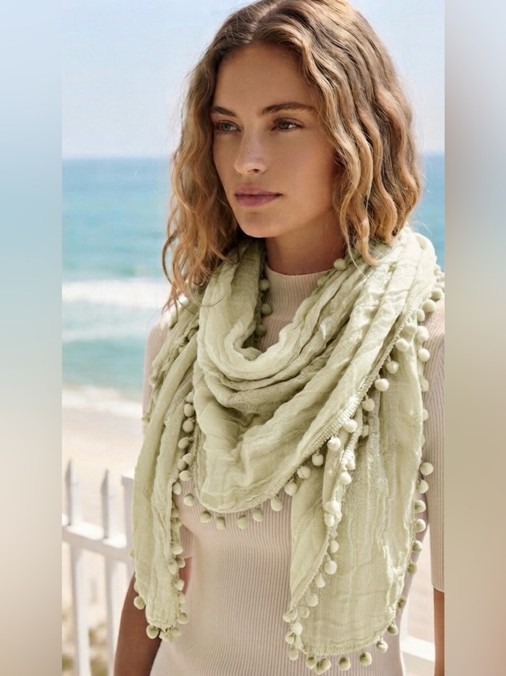 Boho light olive scarf with Pom Pom trim